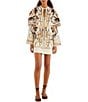 Farm Rio Equestrian Scarf Printed Winter White Split Round Neck Long Sleeve Mini Cape Dress - Image 1