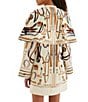 Farm Rio Equestrian Scarf Printed Winter White Split Round Neck Long Sleeve Mini Cape Dress - Image 3