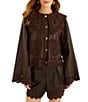 Farm Rio Hearts Richilieu Embroidered Dark Brown Collared Long Sleeve Leather Jacket - Image 1