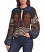 Farm Rio Nicole Printed Front Knot Keyhole Neck Long Sleeve Blouse - Image 1