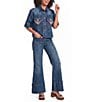 Farm Rio Porcelain Birds Collared Short Sleeve Button Front Coordinating Denim Top - Image 3