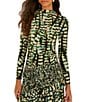 Farm Rio Striped Leaves Moss Printed Mock Neck Long Sleeve Coordinating Jersey Top - Image 1