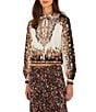 Farm Rio Winter Floral Printed Tie Neck Long Sleeve Button Front Top - Image 1