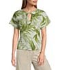 Feather Gray Cotton-Blend Shadow Palms Print Crew Neck Keyhole Short Sleeve Tie Top - Image 1