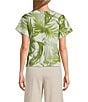Feather Gray Cotton-Blend Shadow Palms Print Crew Neck Keyhole Short Sleeve Tie Top - Image 2