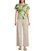Feather Gray Cotton-Blend Shadow Palms Print Crew Neck Keyhole Short Sleeve Tie Top - Image 3
