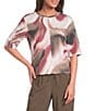 Feather Gray Stretch Knit Printed Crew Neck Elbow Length Sleeve Pullover Top - Image 5