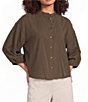 Feather Gray Sueded Luxe Woven Mandarin Collar 3/4 Cinched Cuff Sleeve Button Front Blouse - Image 1