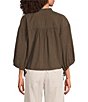 Feather Gray Sueded Luxe Woven Mandarin Collar 3/4 Cinched Cuff Sleeve Button Front Blouse - Image 2