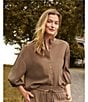 Feather Gray Sueded Luxe Woven Mandarin Collar 3/4 Cinched Cuff Sleeve Button Front Blouse - Image 4