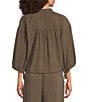 Feather Gray Sueded Luxe Woven Mandarin Collar 3/4 Cinched Cuff Sleeve Button Front Blouse - Image 2