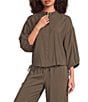 Feather Gray Sueded Luxe Woven Mandarin Collar 3/4 Cinched Cuff Sleeve Button Front Blouse - Image 1