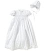 Color:White - Image 1 - Baby Girls Newborn-6 Months Smocked Lace-Trimmed Embroidered Christening Gown and Hat Set