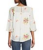 Color:White/Pink - Image 2 - Alba Embroidered Front Yoke 3/4 Bell Sleeve Peasant Blouse