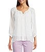 Figueroa & Flower Embriordered Crew Neck 3/4 Bell Sleeve Lace Detail Blouse, Color:White - Image 1