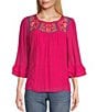 Color:Magenta - Image 1 - Embroidered Crew Neck 3/4 Double Ruffle Sleeve Blouse