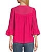 Color:Magenta - Image 2 - Embroidered Crew Neck 3/4 Double Ruffle Sleeve Blouse
