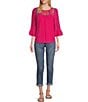 Color:Magenta - Image 3 - Embroidered Crew Neck 3/4 Double Ruffle Sleeve Blouse