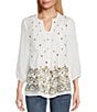 Color:White/Blue - Image 1 - Embroidered Peasant Mandarin Collar Pintuck Button Front Long Sleeve Blouse