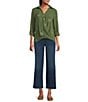 Figueroa & Flower Embroidered Spread Collar Long Roll-Tab Sleeve Button-Front Blouse, Color:Avocado - Image 3