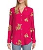 Color:Fuchsia - Image 1 - Floral Embriodered Split V-Neck Long Sleeve Button Front Peasant Blouse