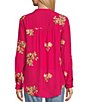 Color:Fuchsia - Image 2 - Floral Embriodered Split V-Neck Long Sleeve Button Front Peasant Blouse