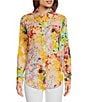 Color:Pink/Yellow - Image 1 - Floral Print Collared Button Front Roll Tab Long Sleeve Top