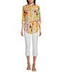 Color:Pink/Yellow - Image 3 - Floral Print Collared Button Front Roll Tab Long Sleeve Top