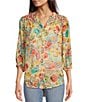 Color:Gold/Red - Image 1 - Floral Print Manderin Collar 3/4 Sleeve Peasant Blouse