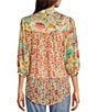 Color:Gold/Red - Image 2 - Floral Print Manderin Collar 3/4 Sleeve Peasant Blouse