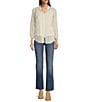 Figueroa & Flower Petite Size Embriordered Ruffle Split-V-Neck Long Sleeve Button-Front Top, Color:Ivory - Image 3