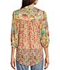 Color:Gold/Red - Image 2 - Petite Size Floral Paisley Print Banded Collar 3/4 Sleeve Peasant Blouse