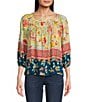 Color:Yellow/Navy - Image 1 - Petite Size Printed Woven Square Neck Peasant Blouse