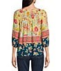 Color:Yellow/Navy - Image 2 - Petite Size Printed Woven Square Neck Peasant Blouse