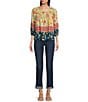 Color:Yellow/Navy - Image 3 - Petite Size Printed Woven Square Neck Peasant Blouse