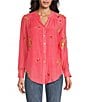 Color:Coral - Image 1 - Petite Size Roxy Floral Embroidery Band Split V-Neck Roll-Tab Sleeve Button Down Shirt