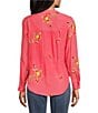 Color:Coral - Image 2 - Petite Size Roxy Floral Embroidery Band Split V-Neck Roll-Tab Sleeve Button Down Shirt