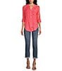Color:Coral - Image 3 - Petite Size Roxy Floral Embroidery Band Split V-Neck Roll-Tab Sleeve Button Down Shirt