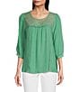Color:Lagoon - Image 1 - Petite Size Solid Peasant Lace Yoke Scoop Neck 3/4 Sleeve Blouse