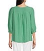 Color:Lagoon - Image 2 - Petite Size Solid Peasant Lace Yoke Scoop Neck 3/4 Sleeve Blouse