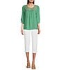 Color:Lagoon - Image 3 - Petite Size Solid Peasant Lace Yoke Scoop Neck 3/4 Sleeve Blouse
