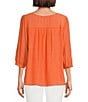 Color:Orange - Image 2 - Petite Size Solid Peasant Lace Yoke Scoop Neck 3/4 Sleeve Blouse