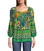 Color:Green/Yellow - Image 1 - Printed Square Neck 3/4 Sleeve Peasant Blouse