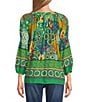 Color:Green/Yellow - Image 2 - Printed Square Neck 3/4 Sleeve Peasant Blouse