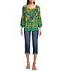 Color:Green/Yellow - Image 3 - Printed Square Neck 3/4 Sleeve Peasant Blouse