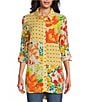Color:Yellow/Orange - Image 1 - River Patchwork Print Roll-Tab Sleeve Button-Down Mixed Media Blouse