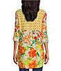 Color:Yellow/Orange - Image 2 - River Patchwork Print Roll-Tab Sleeve Button-Down Mixed Media Blouse
