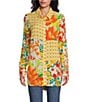 Color:Yellow/Orange - Image 3 - River Patchwork Print Roll-Tab Sleeve Button-Down Mixed Media Blouse