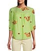 Color:Lime - Image 1 - Yoke Inset Trim Detail Embroidered 3/4 Balloon Sleeve Popover Blouse