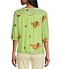 Color:Lime - Image 2 - Yoke Inset Trim Detail Embroidered 3/4 Balloon Sleeve Popover Blouse